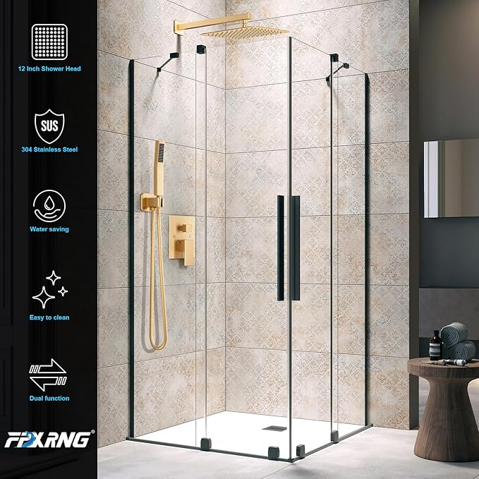 Gold Shower Faucet Set, Rainfall Shower System with Rain Shower Head and Handle Set, Wall Mounted Shower Fixtures, Full Metal Trim Repair Kit 12 inch Paint Gold (With Shower Valve)