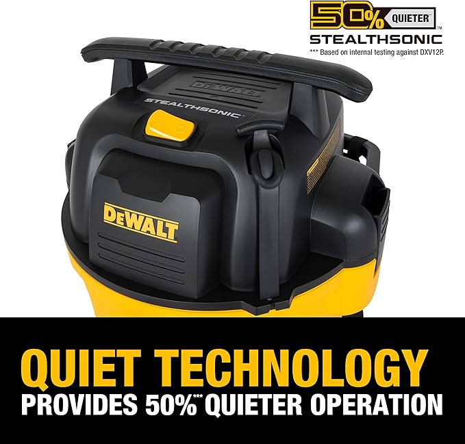 DEWALT 12 Gallon STEALTHSONIC Ultra Quiet Poly Wet Dry Vacuum, DXV12P-QTA Powerful Suction Noise Reduction Vac, 5.5 Peak HP Shop Vacuum for Jobsite/Workshop, Reduce Motor Noise, Yellow