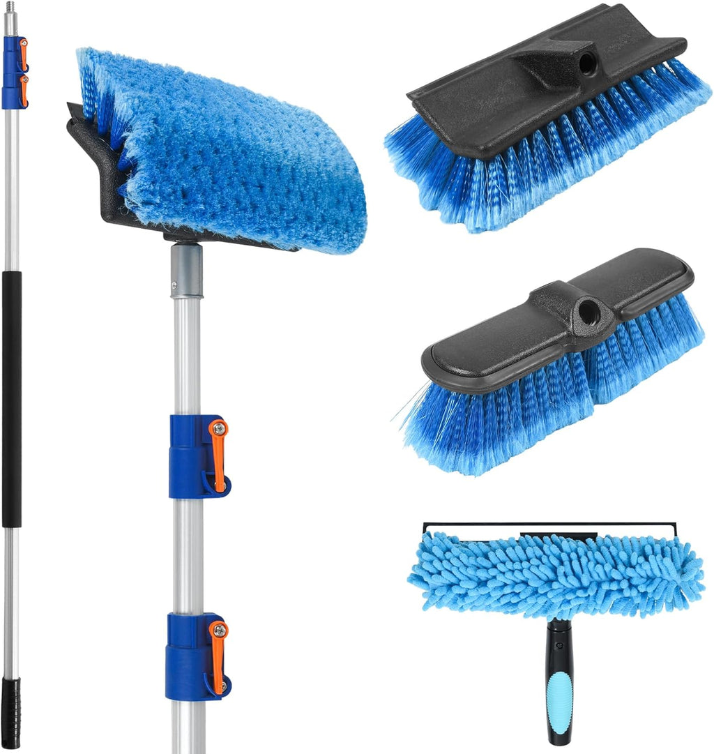 20 FT Exterior House Cleaning Brush Set with 5-12 Foot Telescoping Extension Pole, Soft Scrub Car Wash Brush, Medium Bristle Cleaning Brush and Window Squeegee & Washer
