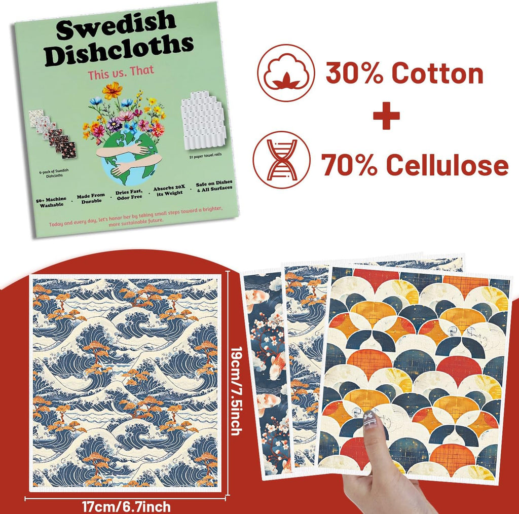 Swedish Dishcloths for Kitchen, 6PCS Japanese Style Reusable Swedish Dish Cloth Towels Set, Absorbent Quick Drying Dishcloth for Home Cleaning(7.8 X 7 Inches)