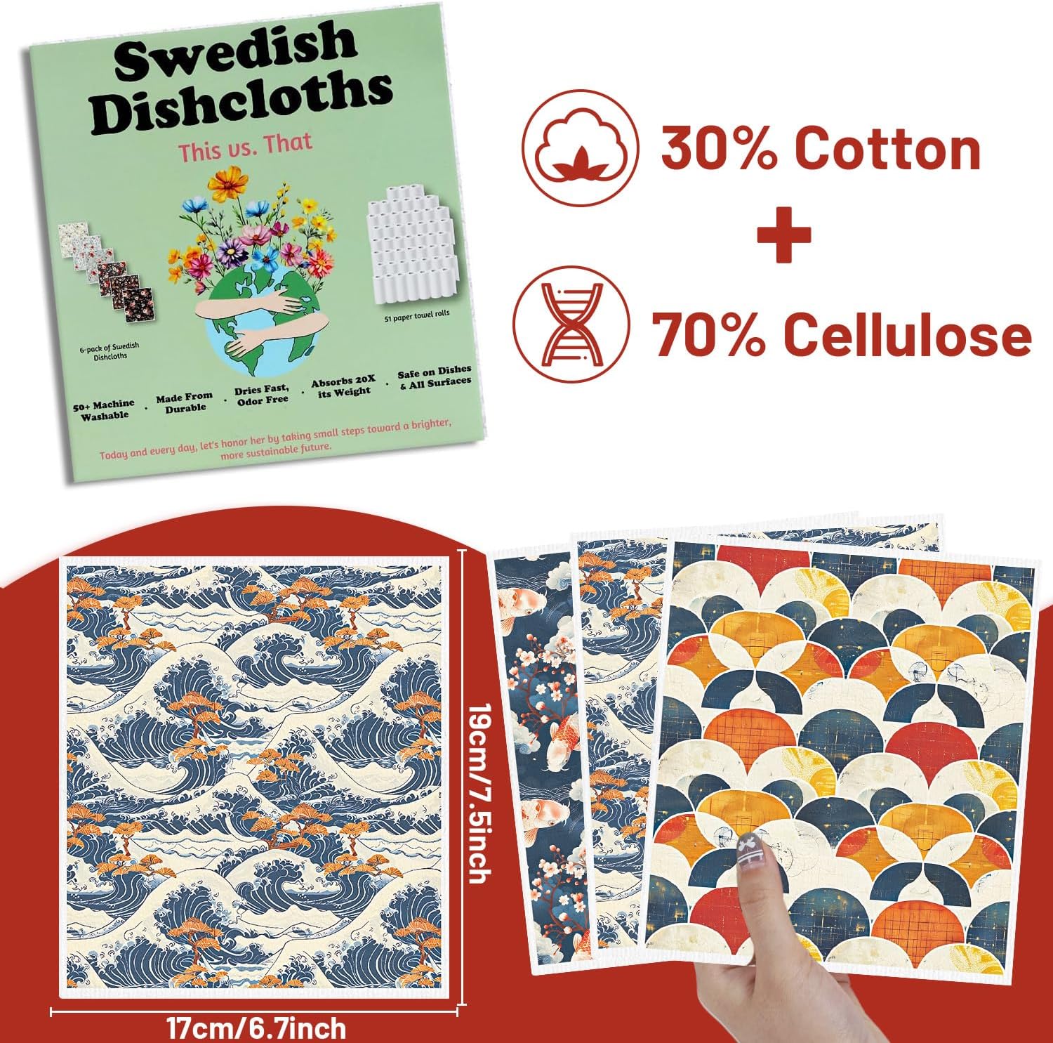 Swedish Dishcloths for Kitchen, 6PCS Japanese Style Reusable Swedish Dish Cloth Towels Set, Absorbent Quick Drying Dishcloth for Home Cleaning(7.8 X 7 Inches)