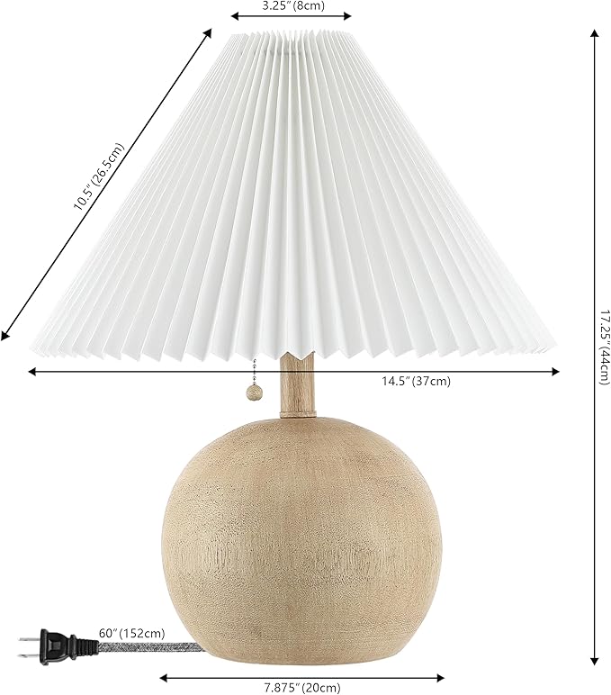 JONATHAN Y JYL1145B Aksel 17.25" Coastal Scandinavian Resin/Iron Sphere LED Table Lamp with Pleated Shade and Pull Chain, Beige Wood Finish/White, for Entry Console, Bedroom, Living Room
