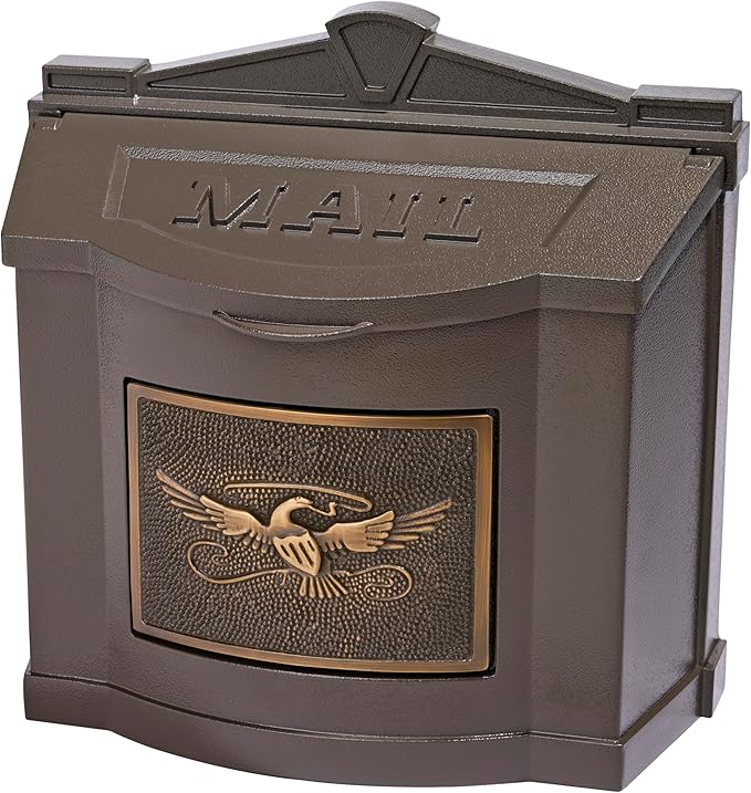 Gaines Wallmount Mailbox - Powder Coated Aluminum with Solid Brass Accents - Mounting Hardware Included (Bronze with Antique Bronze Eagle)