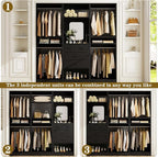 Unikito 75 Inch Walk in Closet System with 4 Drawers, 6.3FT Closet Organizer with Hanging Rods and Mirror Design, Reversible Large Closet Wardrobe with Shelves, Adjustable Closet Tower, Black