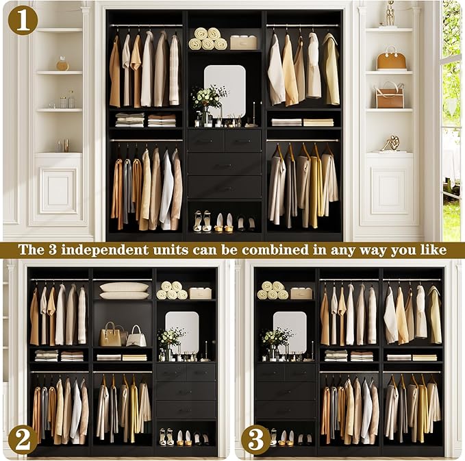 Unikito 75 Inch Walk in Closet System with 4 Drawers, 6.3FT Closet Organizer with Hanging Rods and Mirror Design, Reversible Large Closet Wardrobe with Shelves, Adjustable Closet Tower, Black