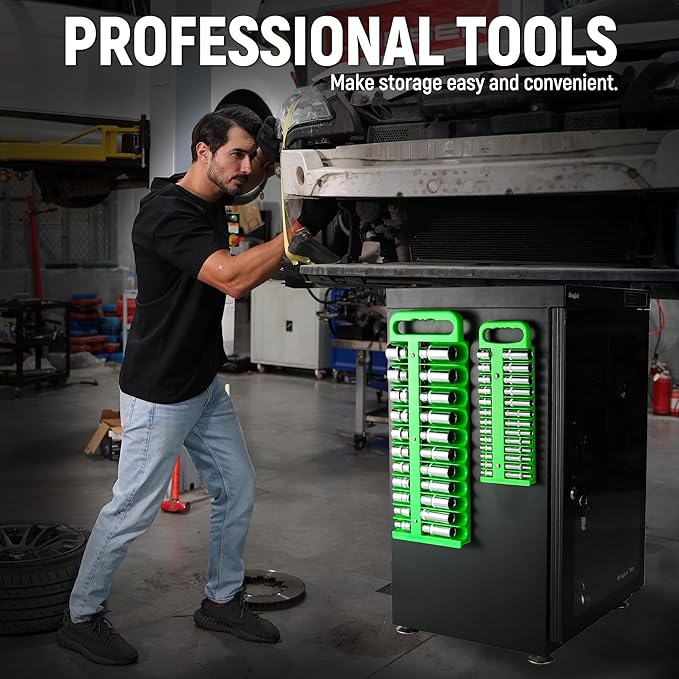 Magnetic Socket Organizer Set, 3-Piece Green Portable Magnetic Socket Holder Tray, Heavy Duty Socket Racks For 1/2-inch& 3/8-inch& 1/4-inch Drive, Hold 76 Sockets - Fit Shallow&Deep Sockets