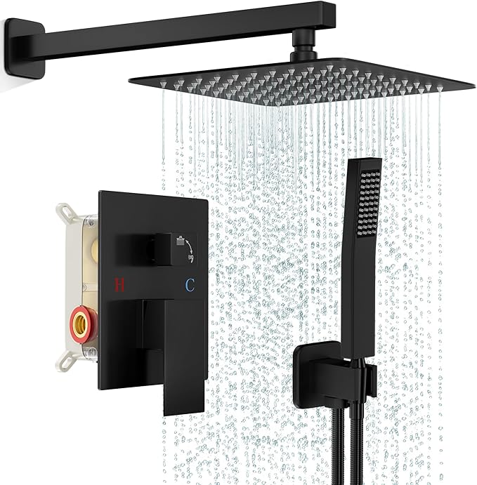Black Shower Faucet Set, Rainfall Shower System with Square Shower Head and Handle Set, Wall Mounted Shower Fixtures, Full Metal Trim Repair Kit 8 inch Matte Black (With Shower Valve)