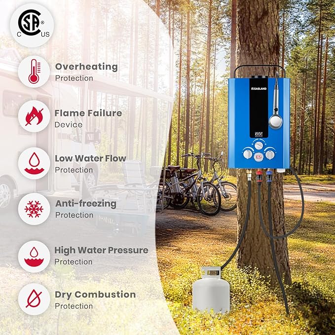 GASLAND Outdoors Propane Tankless Water Heater,1.58GPM 6L Portable Gas Water Heater, Overheating Protection, Easy to Install, Use for RV Cabin Barn Camping Boat, Blue, BE158L