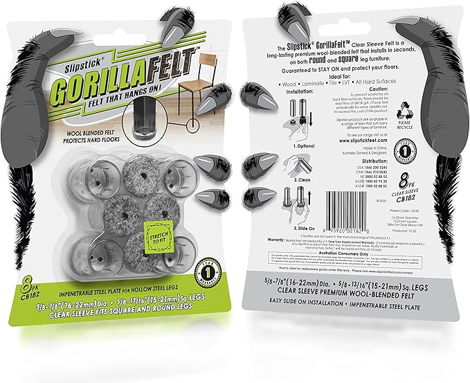 Slipstick GorillaFelt Chair Leg Floor Protectors for Hardwood Floors, Clear Sleeve Felt Pads for Furniture That Stay On, Fits Round & Square Legs, Includes 8 Premium Transparent Chair Socks, CB182