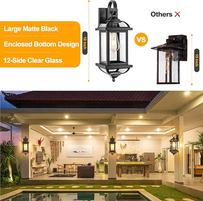 18” 2-Pack Black Porch Lights Outdoor Light Fixtures, Anti-Rust Aluminum Exterior Light Fixtures with Clear Glass Wall Mount Lanterns Outside Lights for House, IP65 Waterproof Wall Lights