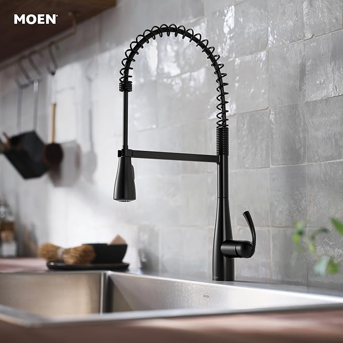 Moen Essie Matte Black One-Handle High Arc Pre-Rinse Spring Pulldown Kitchen Faucet with Power Clean, 87814BL