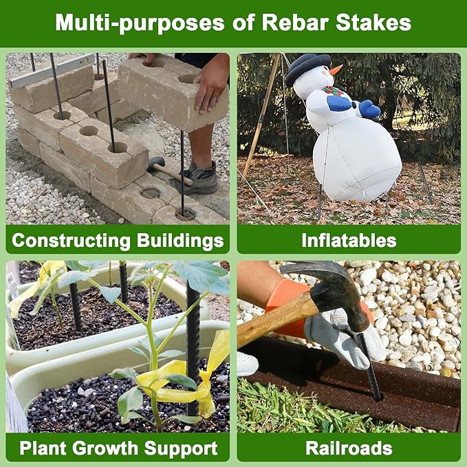 AAGUT Rebar Stakes 24 Inch Straight Garden Plant Stakes (20 pcs) 1/2" Thickness, Heavy Duty Metal Spikes for Concrete Forming, Landscape Timber, Fence, Ground Anchors with Chisel Point End, Black