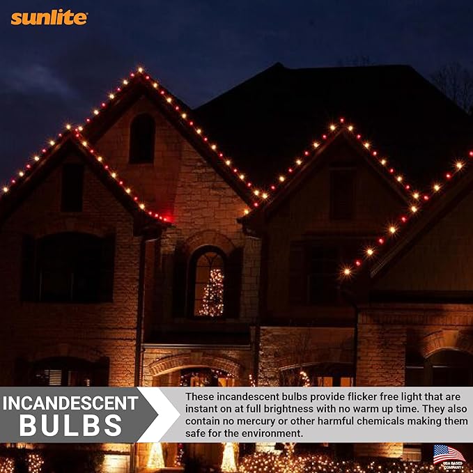 Sunlite Incandescent C9 Colored Night Light Bulb, 7 watts, 120 Volts, Intermediate E17 Screw Base, 2000 Rated Hours, Christmas-Lights Nightlight, Red, 25 Pack