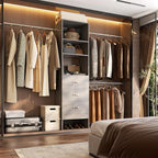 96'' Closet Organizer System with 3 Hanging Rods (Without 3 Storage Shelves), 8FT Closet Systems, Wall Mount Bedroom Wardrobe with 3 Wood Drawers, Adjustable Garment Rack from 5 to 8FT, Grey