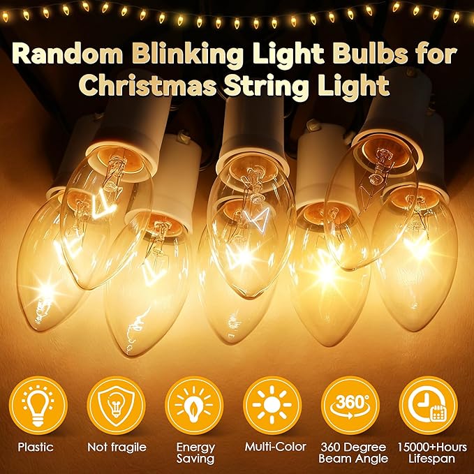 25 Pack Twinkle Christmas Replacement Bulbs, 7W Random Blinking Light Bulbs for Christmas String Light, Nightlights(Clear Twinkle,C9,E17 Intermediate Base)
