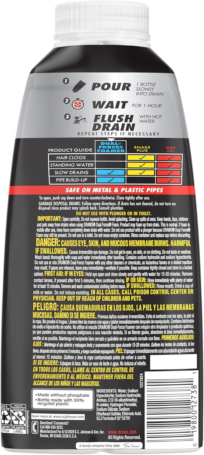 Drano Dual-Force Foamer Drain Clog Remover and Cleaner for Shower or Sink Drains, Unclogs and Removes Sources of Odor, 17 Fl Oz
