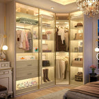 Corner Closet System with 2 Sets, 63.2" Corner Closet Organizer System with 2 Drawers + 18 Shelves + 3 Hanging Rods, Reversible L Shaped Walk-in Closets, White Oak (63.2" L x 39.2" W x 80" H)