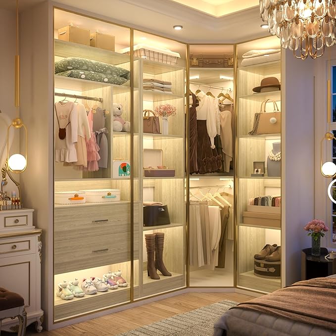 Corner Closet System with 2 Sets, 63.2" Corner Closet Organizer System with 2 Drawers + 18 Shelves + 3 Hanging Rods, Reversible L Shaped Walk-in Closets, White Oak (63.2" L x 39.2" W x 80" H)