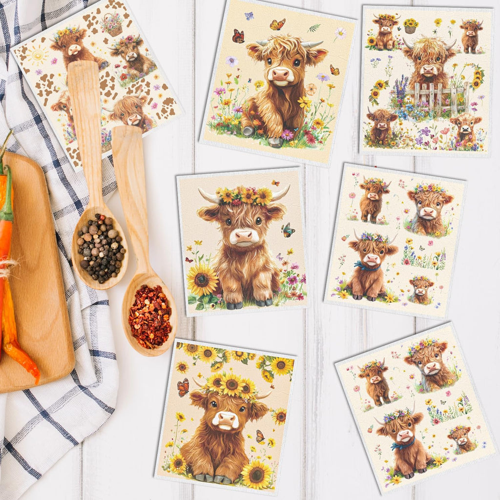 Swedish Dishcloths for Kitchen, 6PCS Floral Highland Cow Swedish Dish Cloths Gift Set, Reusable Washable Absorbent Dish Towel for Home Cleaning