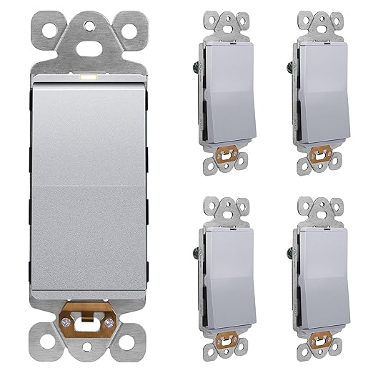 LIDER Minimalist Design Matte Finish Lighted Decorator Switch, Frameless Paddle Light Switch with Locator Light, Grounding Screw, 15A 125V, UL Listed, LS15-1P-SV5P, Silver, 5 Pack