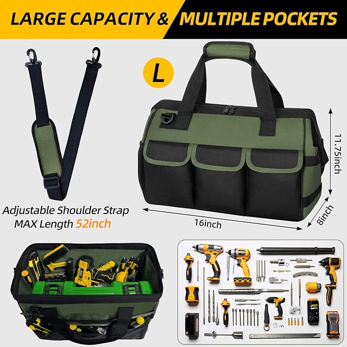 Tool Bag, Portable Tool Box Organizer Adjustable Shoulder Strap, Carry Tool Tote Heavy Duty Tool Storage Bag With Wide Mouth,Tool Bags for Men Mechanic EngineerGift - L, Army Green & Black