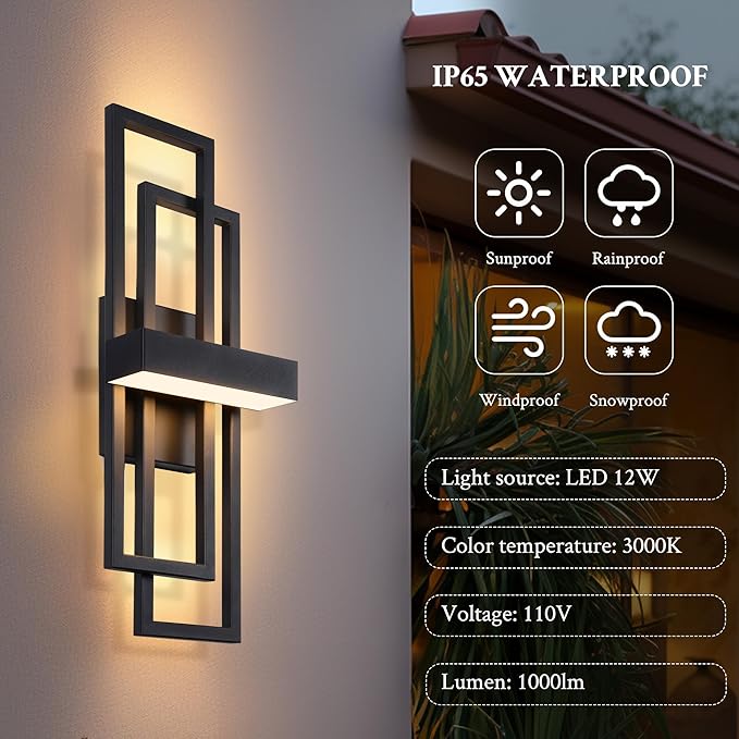 LamQee 20 Inch Modern Outdoor Wall Lights, Integrated LED 1000LM Exterior Lighting Fixture Dual Rectangle Outdoor Sconce, Black Metal Wall Mount Porch Light Outside Lamp for House Garage Door Patio