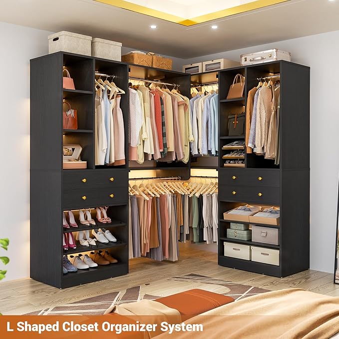 10FT Closet System with 4 Drawers, 120" Closet Organizer System with 6 Hanging Robs & Reversible Hanging Shelving, Closet Systems for Walk-in Closets, Load 2000+LBS, Black 2 Pack