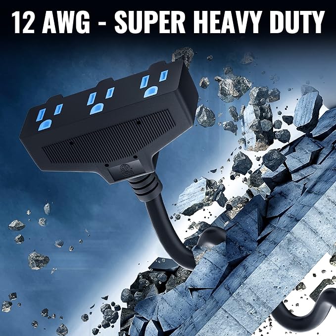 Outdoor Extension Cord 20 Ft with 3 Outlets, 12/3 SJTW 3 Prong Grounded Power Cord, 12 Gauge 12AWG Heavy Duty Power Cable, ETL Listed, 15 Amp 125 V 1875 W-Multiple Outlets for Indoor/Outdoor-Black