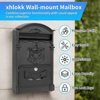 Wall Mount Mailboxes, Rust Resistant Locking Wall Mailbox for Outside, Galvanized Steel and Aluminum Stamping Process, Vintage Mailbox with Key Lock Large Capacity Outdoor Decoration, Black
