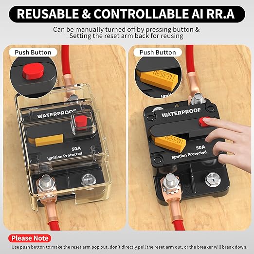 DaierTek 50 Amp Circuit Breaker 2-Pack with Transparent Cover Waterproof Marine Circuit Breaker 12V - 48V Resettable Inline Fuse Switch, 12 Volt 50A Breaker for Boat Trolling Motor Car Automotive
