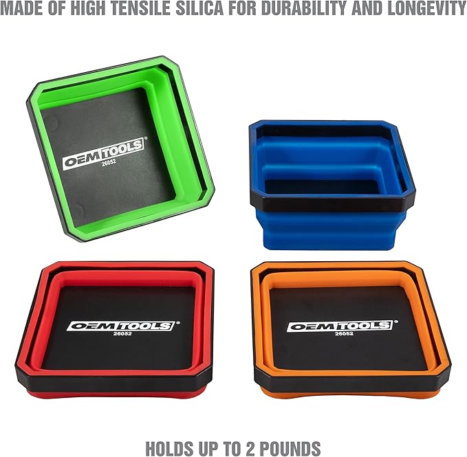 OEMTOOLS 26052 Foldable Magnetic Tray Set, Magnetic Tray for Mechanic's Small Parts, Sorting and Storage, Collapsible, 4-1/2" Square, 2 lb. Capacity, 4 Colors