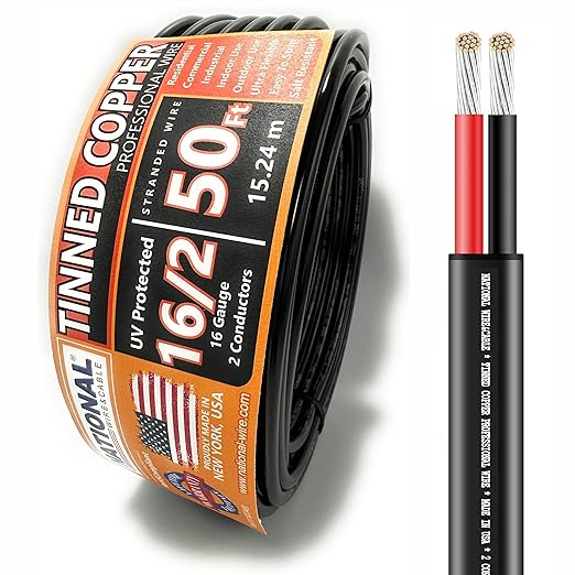 National Wire&Cable - 16/2 Tinned Copper Professional Wire (50 Feet) 16 AWG Gauge Stranded PVC Cord - 2 Conductor Electrical Wire - Made in USA - CL Rated/ETL Listed - LED Light, Low Voltage Cable