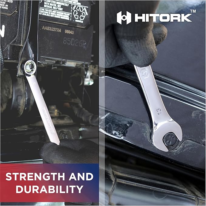 HITORK 32 Piece Wrench Set SAE & Metric 20 Standard & 12 Stubby Combination Wrenches Cr-V Steel 12-Point Mirror Finish 15° Offset with Organizer Tray Ideal for Auto & Home Repair