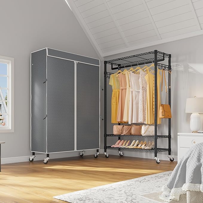 VIPEK R3C Rolling Clothes Rack with Cover Portable Closet for Hanging Clothes, Heavy Duty Garment Rack Clothing Racks with Wheels& Hanging Rod, Black Racks with Grey Upgraded Polyester Cover