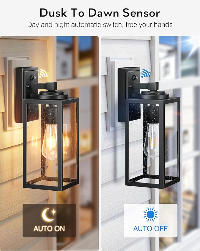 VIANIS 14.5" Large Dusk to Dawn Outdoor Lighting, Black Modern Exterior Lighting Fixtures with Tempered Glass, Anti-Rust Porch Lights Outdoor for House, Outdoor Wall Lights, 2-Pack (Hardwired 120VAC)