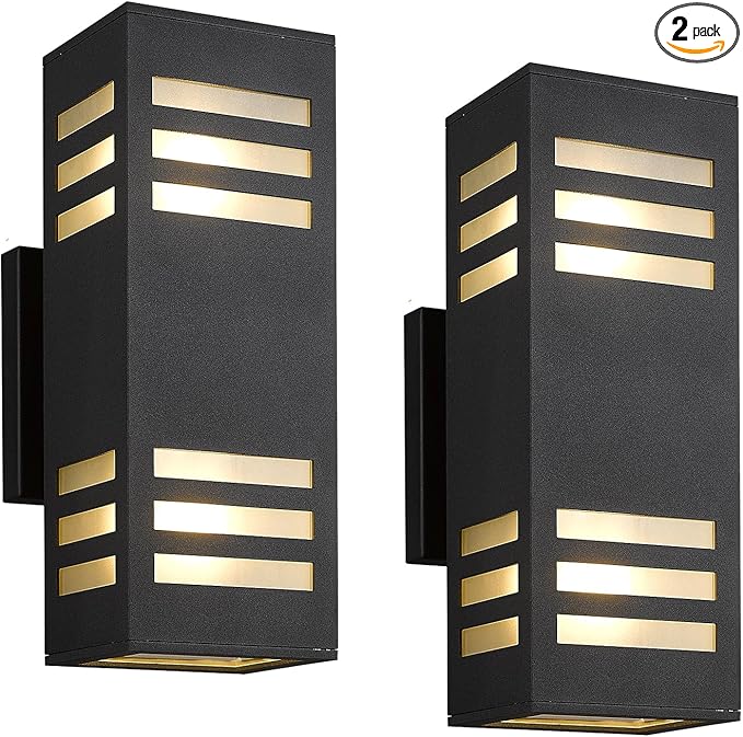 harriet Porch Lights Outdoor Modern - IP64 Waterproof Aluminum and Tempered Glass Cover, 13" Rectangular Up/Down Wall Sconce for Porch, Garage & Patio, Exterior Lighting, Black, 2 Pack