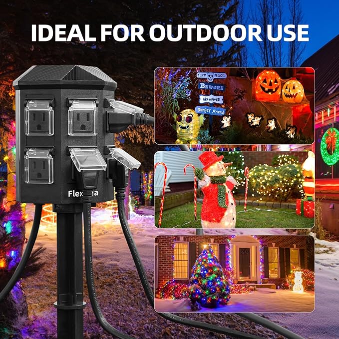 Outdoor Power Stake, 50 Feet Extension Cord Waterproof, Independently Remote Control 3 Sets of Outlets, 6 Grounded Outlets for Garden, Patio, Outdoor Decor, ETL Listed