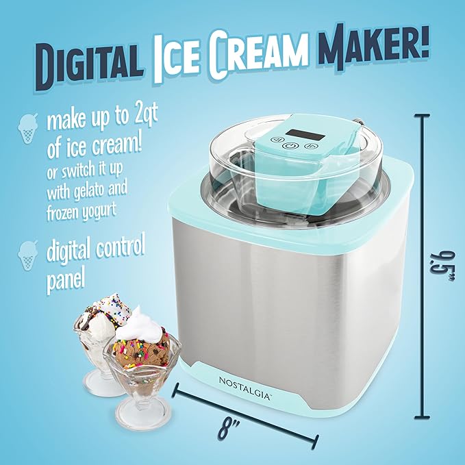 Nostalgia 2-Quart Electric Ice Cream Maker – Make Homemade Ice Cream, Gelato, Sorbet & Frozen Yogurt – No Salt/Ice Needed, Digital Controls, Mix-In Chute & Freezing Gel Canister – Stainless & Aqua