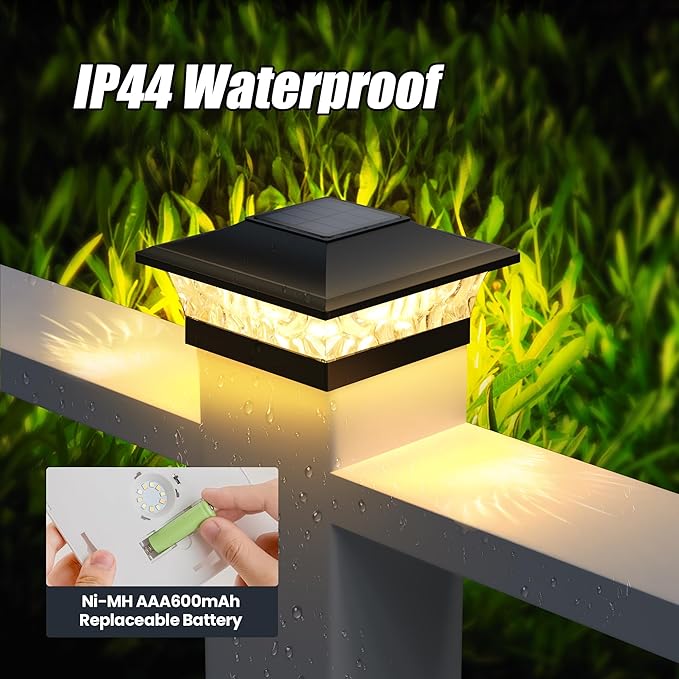 APONUO Solar Post Cap Lights 6 Pack, Waterproof Outdoor LED Deck Lights for 4x4, 5x5, 6x6 Wood Fence & Vinyl Posts, 2 Color Modes (Warm/Cool), All-Night Lighting, Auto On/Off, Patio Garden Yard Decor