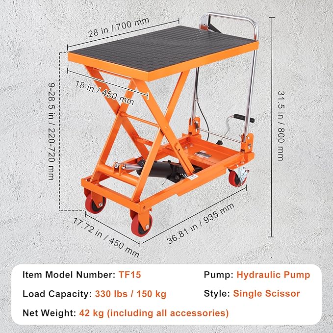 VEVOR Hydraulic Lift Table Cart, 330lbs Capacity 28.5" Lifting Height, Manual Single Scissor Lift Table with 4 Wheels and Non-Slip Pad, Hydraulic Scissor Cart for Material Handling and Transportation