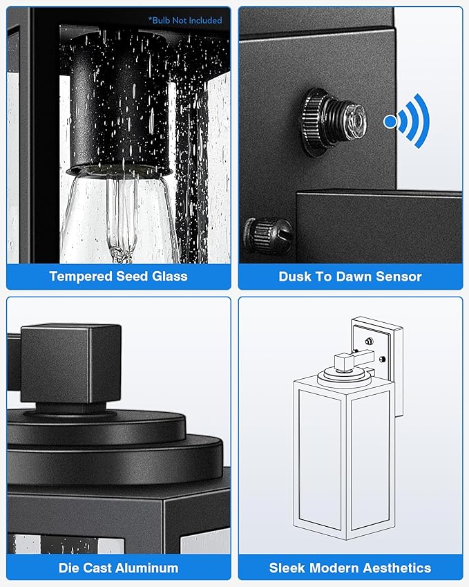 VIANIS 14.5" Large Dusk to Dawn Outdoor Lighting, Black Modern Exterior Lighting Fixtures with Tempered Glass, Anti-Rust Porch Lights Outdoor for House, Outdoor Wall Lights, 2-Pack (Hardwired 120VAC)