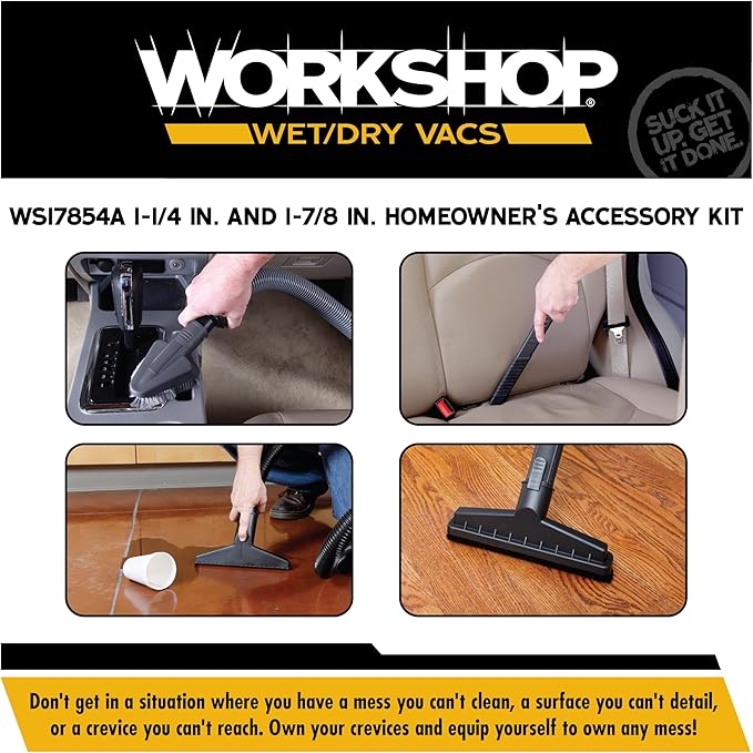 WORKSHOP Wet/Dry Vacs Vacuum Accessories WS17854A Homeowner DIY Kit for Wet Dry Vacuum Cleaners, 1-1/4-inch and 1-7/8-inch Shop Vacuum Attachments with 1-7/8-inch Hose Adapter, for General Cleaning
