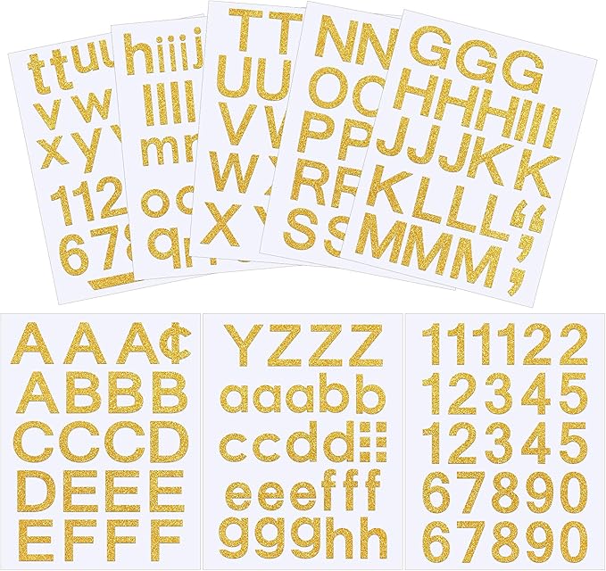 Outus 8 Sheets Vinyl Letter Stickers Self Adhesive Mailbox Numbers Alphabet Stickers Stick on Letters for Christmas Stockings Scrapbook Bulletin Board School Business(1 Inch,Glitter Gold)