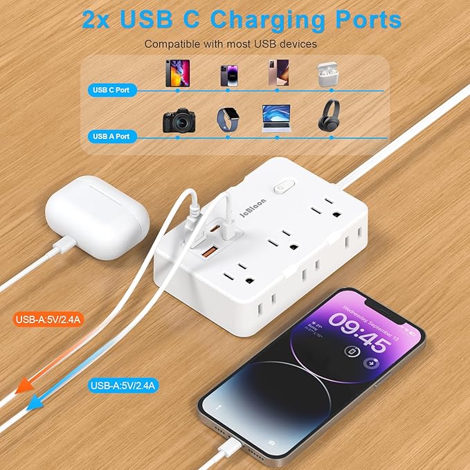 Flat Plug Power Strip Surge Protector, 5ft Ultra Thin Extension Cord with 4 USB Wall Charger(2 USB C Port), 6 Widely-Spaced Outlets Power Strip Compact for Travel, Office, Dorm Room Essentials (White)