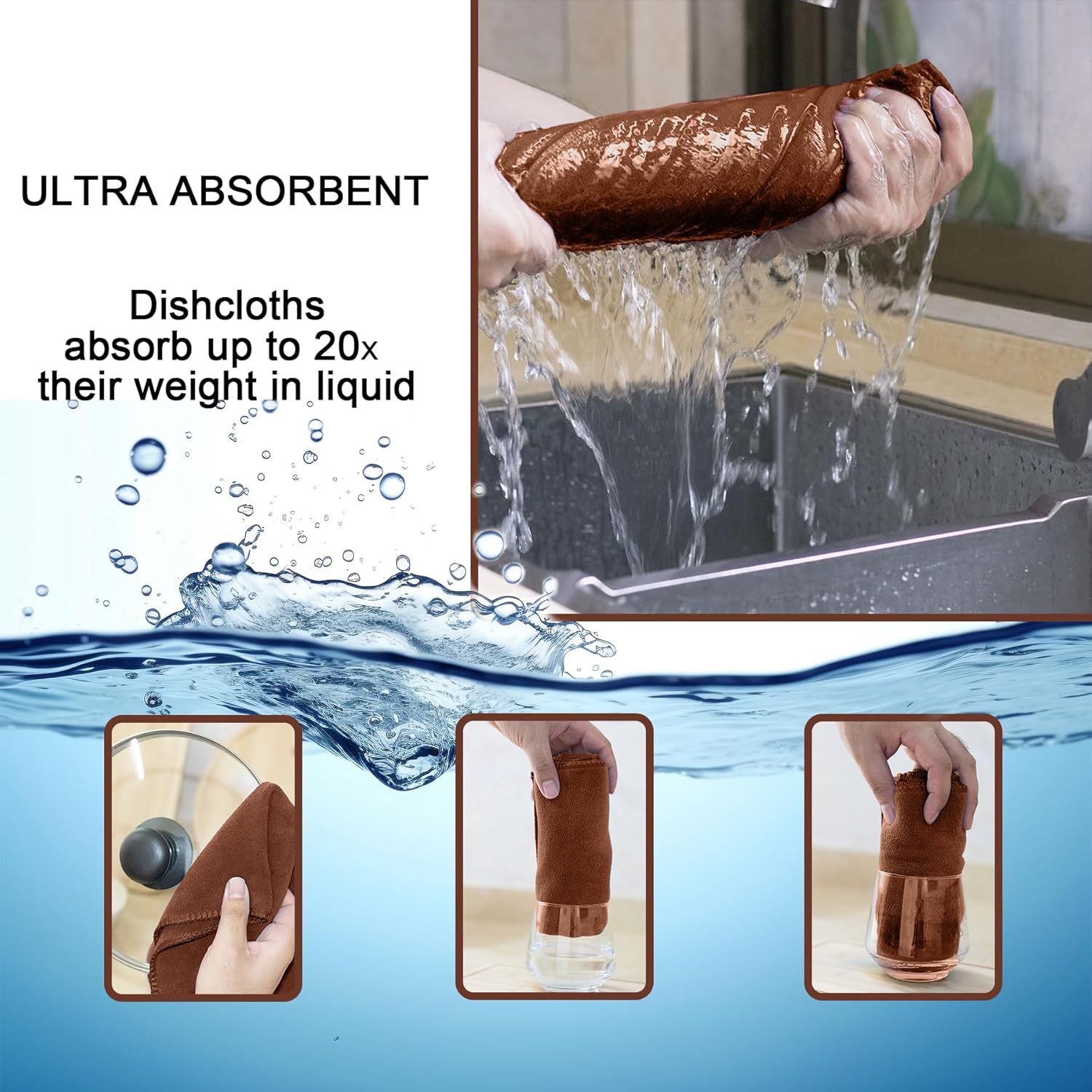 kimteny 13x28 Inches Kitchen Cloth Dish Towels, 400 GSM Premium Dishcloths, Super Absorbent Coral Velvet Microfiber Cleaning Cloths, Fast Drying Rags for Washing Dishes (6 Pack, Brown)