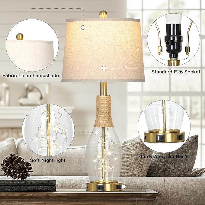 27.5" Coastal Glass Table Lamps Set of 2, Touch Control 3-Way Dimmable Modern Table Lamps with USB A+C Ports & AC Outlets, Farmhouse Rustic Boho Vintage Night Light for Living Room Bedroom Gold Ocean
