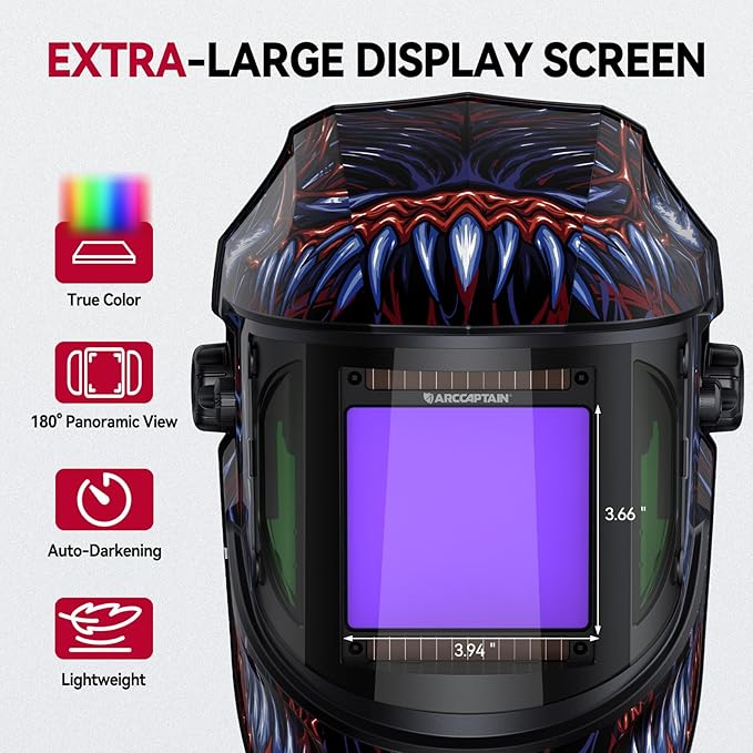 ARCCAPTAIN Auto Darkening Welding Helmet with Side View, 180° Panoramic View, 1/1/1/1 True Color Large Viewing Welding Hood with 4 Arc Sensor Solar Powered, Wide Shade 4/5-9/9-13 for TIG MIG ARC Cut