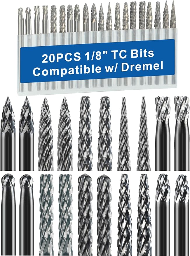 20 Pcs Carbide Burr Set 1/8" Shank Compatible with Dremel Bits Rotary Tools Attachment Kit Rasp Drill File Accessories Metal Wood Stone Steel Grinding Carving Cutting Polishing Solid Tungsten