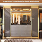 Freestanding 2FT Closet System with 3 Wood Drawers, 24" Closet Organizer System with Hanging Rod & Shelves, Walk-in Closet Systems for Small Closets, Grey (24"L x 15" W x 80" H)