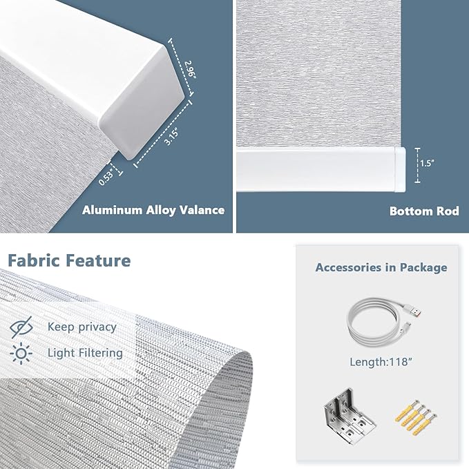 Motorized Blinds with Remote Cordless Automatic Motorized Shades Custom Blinds for Windows Smart Curtains Compatible with Alexa Google Home(Light Filtering Jacquard Grey,W39 x H72in)